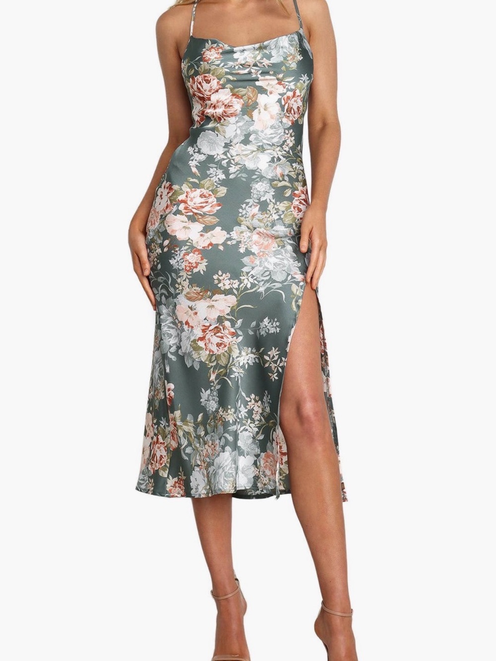 Petal & Pup Green Floral Satin Midi Slip Dress with Side Slit